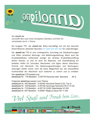 Henschel 6 Zylinder Diesel Reihen Motor 6R 1112 Typ 561 & 562 Bild Bedienungsanleitung & Wartungsanleitung - annoligno 778